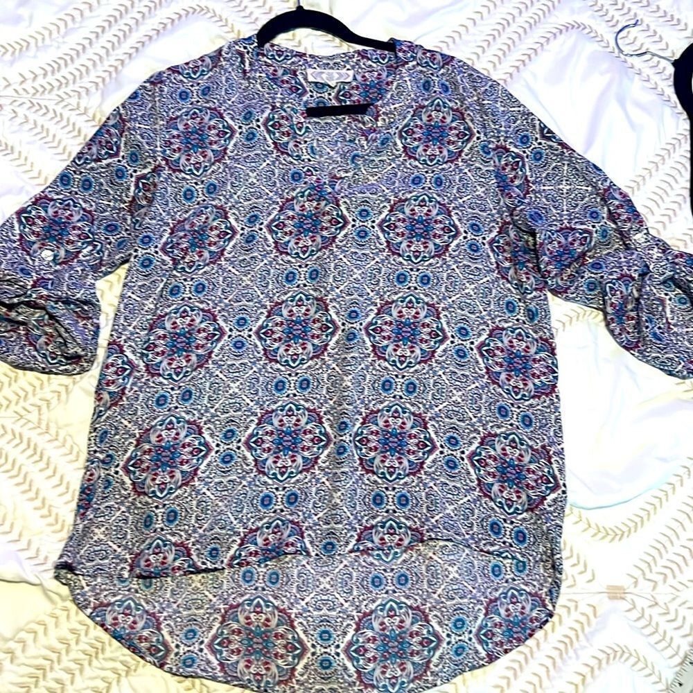 Pink Rose 3/4 Sleeve Sheer Tunic Women's XL Geometric Print Fall 2024